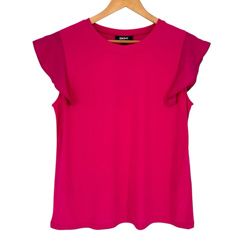 DKNY Hot Pink Flutter Cap Sleeve T Shirt size Medium NWT Crew Neck